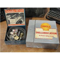 Vintage Schrader Tire Pump & Shell Catalogue Holder