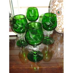 Set of 4 Emerald Etched, Blown Glass Wine Glasses