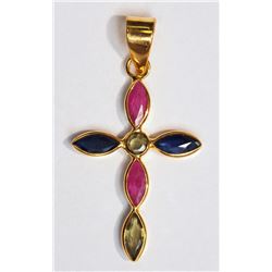 #8-18K YELLOW GOLD SAPPHIRE CROSS PENDANT W/ COA