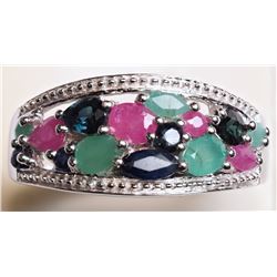 #24-ST SILVER RUBY, SAPPHIRE & EMERALD RING W/ COA