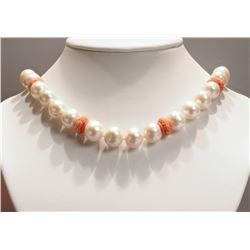 #37-FRESHWATER PEARL & FLORAL BEAD NECKLACE W/COA