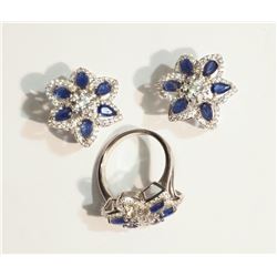 #34-ST.SILVER SAPPHIRE EARRINGS & RING SET W/COA