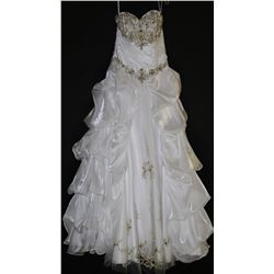 WHITE TIERED WEDDING GOWN WITH HEAVILY BEADED