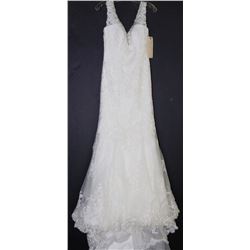 WHITE LACE OVERLAY GEMMED NECKLINE WEDDING GOWN