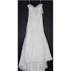 WHITE LACE OVERLAY BEADED STRAPLESS GOWN W/ TRAIN