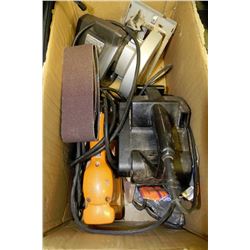 BOX OF TOOLS INCLUDING BELT SANDER, CIRCULAR SAW