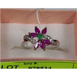 16-NAT.EMERALD,RUBY & CZ .925 SILVER SIZE 8.5