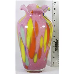 LARGE PINK AND YELLOW ART GLASS TULIP TOP VASE 12"H