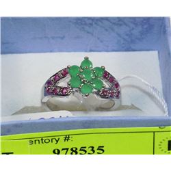 17-NAT.EMERALD,RUBY & CZ .925 SILVER RING SIZE 6
