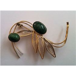 VINTAGE GOLD TONE & JADE  BROOCH