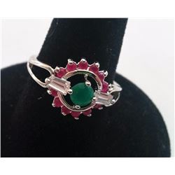 925 SILVER STAMPED NATURAL RUBY, EMERALD &CZ RING