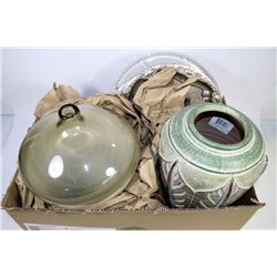 BOX WITH LARGE DECORATIVE ART GLASS VASE, DEVILLED