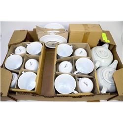 FLAT WITH 2 WHITE TEASETS,2 TEAPOTS,12 CUPS&PLATES