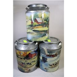 SET OF 3 COLLECTIBLE TIN MILK CANS 13 1/2" TALL
