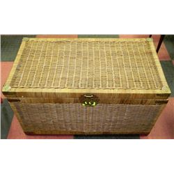 VINTAGE WICKER CHEST WITH BRASS CORNERS & LATCH