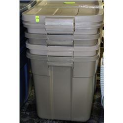 LOT OF 4 BROWN RUBBERMAID TUBS WITH LIDS