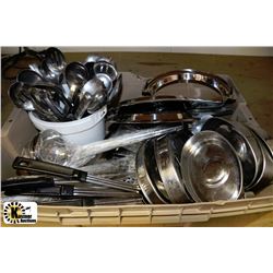 TUB OF MISC KITCHEN UTENSILS ALL STAINLESS STEEL