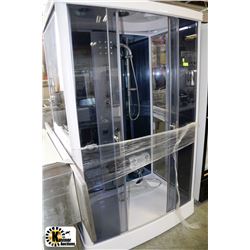 WHITE STAND UP SHOWER WITH MASSAGE JETS, STEAM,