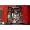 Image 1 : RED TOOLBOX WITH FEW TOOLS INCL PRUNER,TAPE &