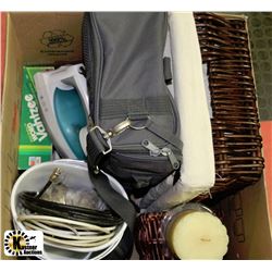 BOX OF ASSORTED HOUSEWARE INCLUDING IRON,
