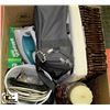 Image 1 : BOX OF ASSORTED HOUSEWARE INCLUDING IRON,