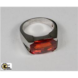 MENS LARGE ORANGE SAPPHIRE .925 SILVER RING