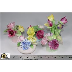 GROUP OF 5 ENGLISH BONE CHINA FLOWER ORNAMENTS