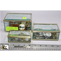 GLASS SET OF 3 JEWELLERY BOXES FILLED WITH WATCHES