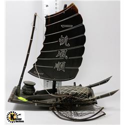 WATER BUFFALO CARVED FISHING BOAT WITH TOOLS &NET