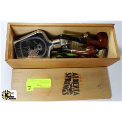 BOX OF VINTAGE PIPES,KNIVES,HAIR CLIPPERS ETC