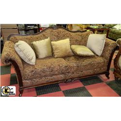 SCHNADIG SOFA:CHENILLE DAMASK HAND CARVED DETAIL