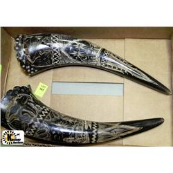 PAIR OF VINTAGE SCRIMSHAW CARVED WATER BUFFALO