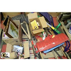 PALLET WITH LOTS OF YARD TOOLS,BOOKS AND MORE