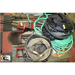 PALLET WITH SHOP VAC, CLAMPS, VISE ETC