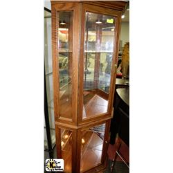 OAK CORNER CURIO CABINET-NOTE BROKEN GLASS PANEL
