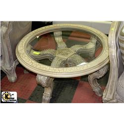 DESIGNER GLASSTOP ROUND COFFEE AND 2 END TABLES