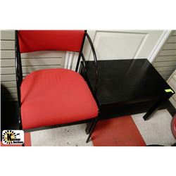 METAL & RED FABRIC ARM CHAIR WITH BLACK SIDE TABLE