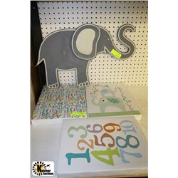 3 CHILDRENS CANVAS PICTURES WITH ELEPHANT WALL