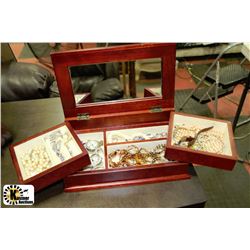 BROWN WOOD JEWELLERY BOX W/CONTENTS