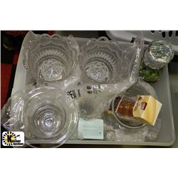 TUB OF CRYSTALWARE/VASES, SALT & PEPPER SHAKERS,
