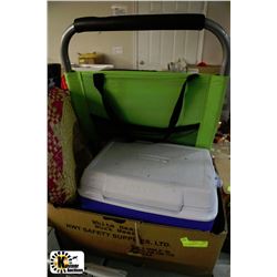 BOX W/RUBBERMAID COOLER, BEACH CHAIR &