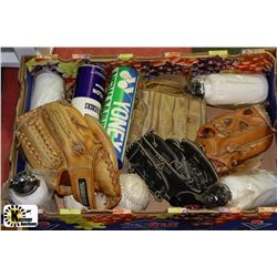 FLAT OF SPORTS EQUIPMENT INCL 5 BASEBALL GLOVES