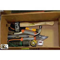 BOX WITH HATCHET, TREE TRIMMER, HAMMER, FLASHLIGHT