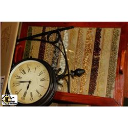 WOOD TRAY WITH BOTTLE OF SEEDS & DECORATIVE CLOCK