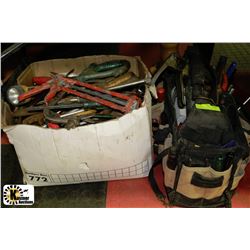 CANVAS TOOL BAG  WITH CONTENTS  AND BOX OF TOOLS