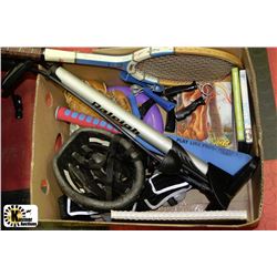 BOX W/SPORTING GOODS INCL. FITNESS DVDS,