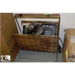 VINTAGE MAGAZINE RACK WITH PHONES & BUFFALO