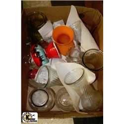 BOX OF ASSORTED GLASS VASES INCLUDING ONE POTTERY
