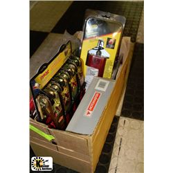 BOX OF MISC INCLUDING ELETRIC CHAINSAW SHARPENER,