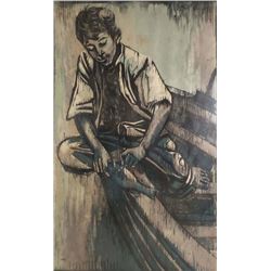 Moshe Gat, Boy Getting a Fish, Woodcut